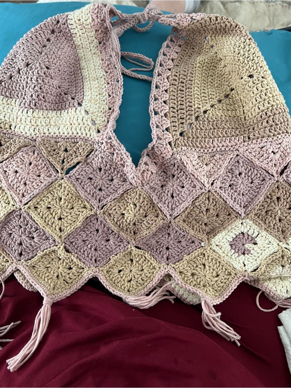 Crochet V-Neck Halter Patchwork Crop Top in Blush Pink and Cream granny square